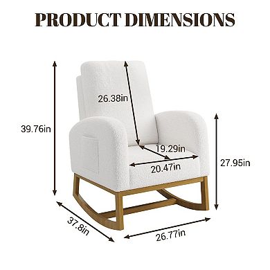 IDEALHOUSE High-Back Teddy Fabric Rocking Chair with Side Pocket and Wood Base