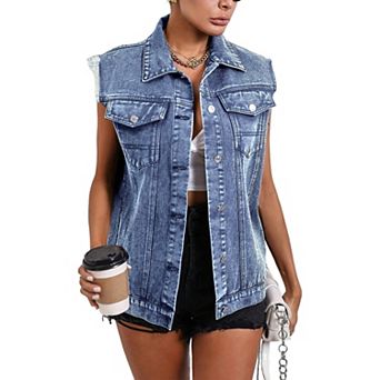 Women's Distressed Denim Sleeveless Vest Button Front Pocket Casual Summer Commute Jacket Waistcoat