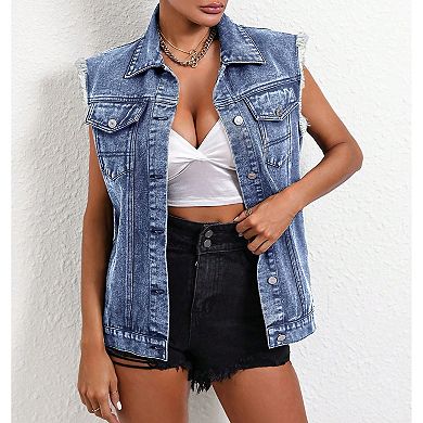 Women's Distressed Denim Sleeveless Vest Button Front Pocket Casual Summer Commute Jacket Waistcoat
