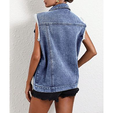 Women's Distressed Denim Sleeveless Vest Button Front Pocket Casual Summer Commute Jacket Waistcoat