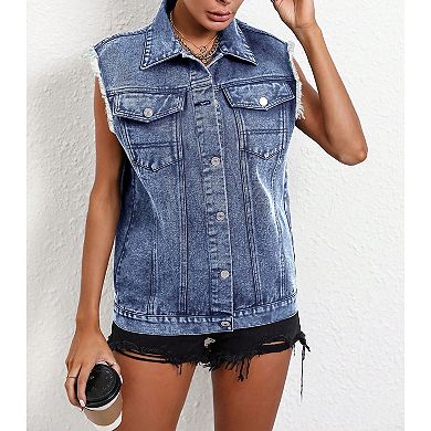 Women's Distressed Denim Sleeveless Vest Button Front Pocket Casual Summer Commute Jacket Waistcoat