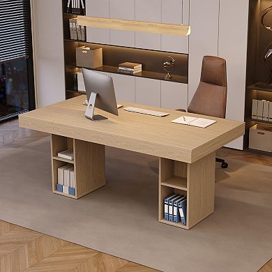 IDEALHOUSE Rectangular Dining Table with Dual-Side Storage, Farmhouse Kitchen Table for 6-8