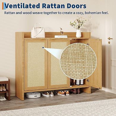 IDEALHOUSE 3-Door Rattan Shoe Storage Cabinet with Adjustable Shelves