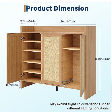 IDEALHOUSE 3-Door Rattan Shoe Storage Cabinet with Adjustable Shelves