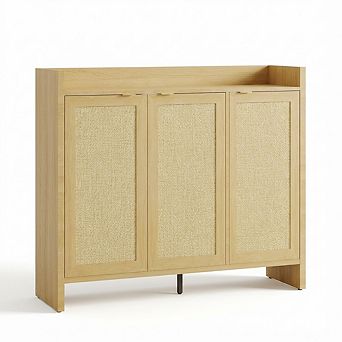 IDEALHOUSE 3-Door Rattan Shoe Storage Cabinet with Adjustable Shelves