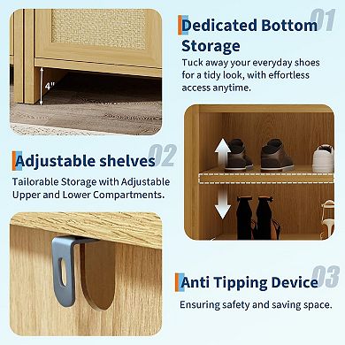 IDEALHOUSE Rattan Shoe Cabinet with Ventilated Doors & Adjustable Shelves