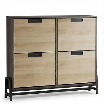 IDEALHOUSE 4 Flip Door Shoe Cabinet, Large Capacity Narrow Rack, Oak