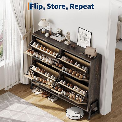 IDEALHOUSE 4 Flip Door Shoe Cabinet, Large Capacity Narrow Rack, Oak