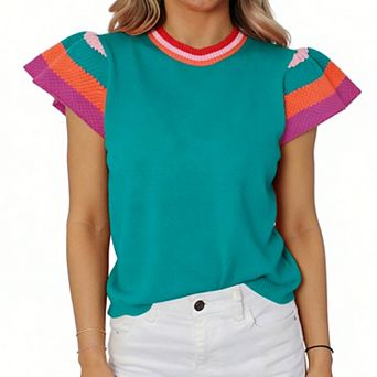 Women's Striped Ruffled Sleeve Sweater Top - Ribbed Knit Crew Neck Blouse for Casual Everyday Wear