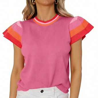 Women's Striped Ruffled Sleeve Sweater Top - Ribbed Knit Crew Neck Blouse for Casual Everyday Wear