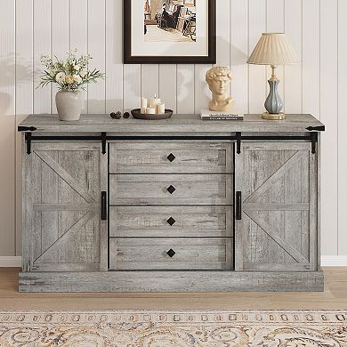 IDEALHOUSE Farmhouse Sideboard with Sliding Barn Doors & 4 Drawers