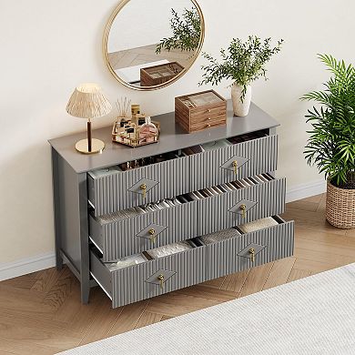 IDEALHOUSE Modern Fluted 6-Drawer Dresser with Metal Handles