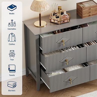IDEALHOUSE Modern Fluted 6-Drawer Dresser with Metal Handles