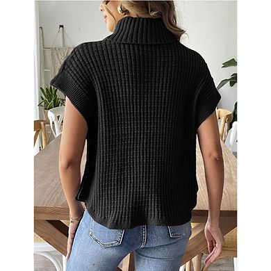 Women's Turtleneck Ribbed Sweater Vest Button Detail Sleeveless Knit Top