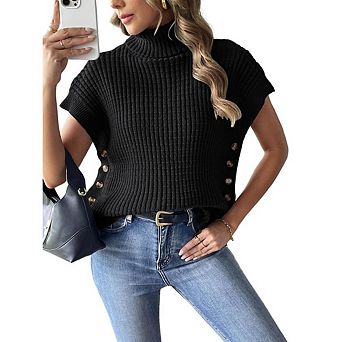 Women's Turtleneck Ribbed Sweater Vest Button Detail Sleeveless Knit Top