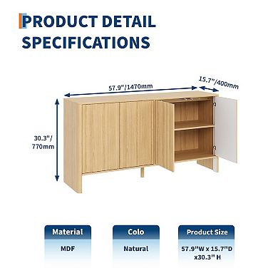 IDEALHOUSE 58" Fluted Sideboard Buffet Cabinet with Storage