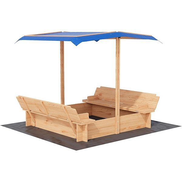 Wooden Sandbox w/ Adjustable Canopy, Rotatable Sunshade & 2 Bench