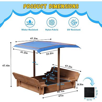 Wooden Sandbox w/ Adjustable Canopy, Rotatable Sunshade & 2 Bench Seats