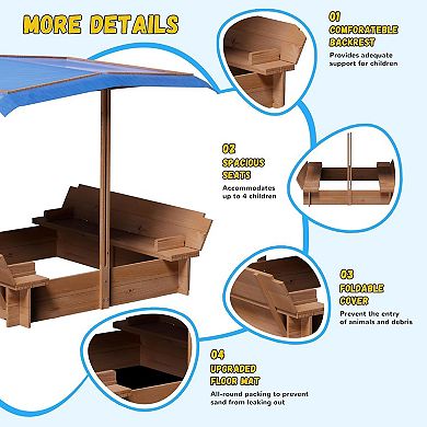 Wooden Sandbox w/ Adjustable Canopy, Rotatable Sunshade & 2 Bench Seats