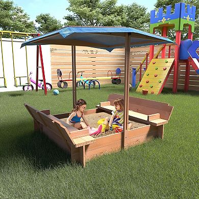 Wooden Sandbox w/ Adjustable Canopy, Rotatable Sunshade & 2 Bench Seats