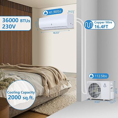 WIFI 36000 BTU Mini Split Air Conditioner Heat Pump System AC Heating & Cooling 19 SEER2 208-230V