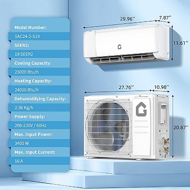 WIFI 24000 BTU Mini Split Air Conditioner Heat Pump System AC Heating & Cooling 19 SEER2 230V