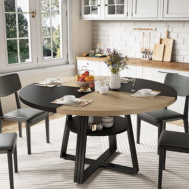 IDEALHOUSE 47.2 inch Round Dining Table for 4-6 with Storage Shelf, Farmhouse Kitchen Table