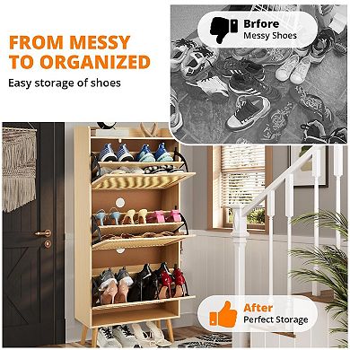 IDEALHOUSE 3-Drawer Shoe Cabinet with Woven Rattan Front