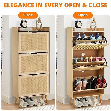 IDEALHOUSE 3-Drawer Shoe Cabinet with Woven Rattan Front