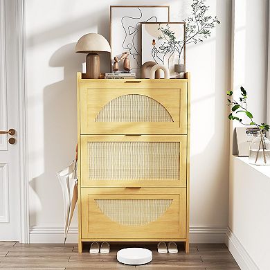 IDEALHOUSE Rattan Shoe Cabinet with 2 Flip-Down Drawers