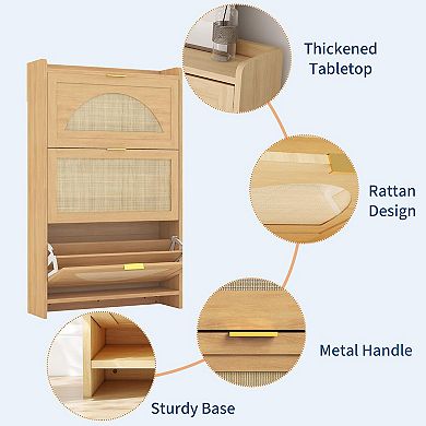 IDEALHOUSE Rattan Shoe Cabinet with 2 Flip-Down Drawers