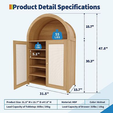 IDEALHOUSE 5-Tier Arched Shoe Cabinet with Rattan Doors