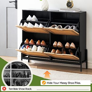 IDEALHOUSE 4-Drawer Rattan Shoe Cabinet with Hidden Storage