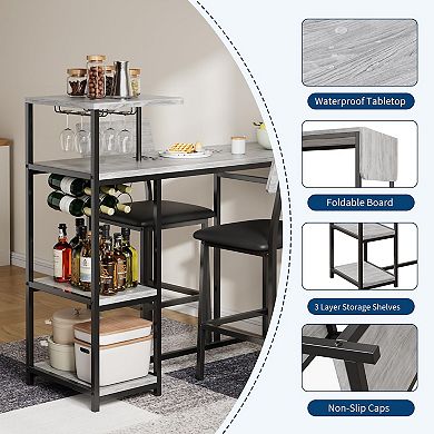 IDEALHOUSE Expandable 2-Person Dining Set with Storage Shelves & Wine Rack, Bar Table and Chairs