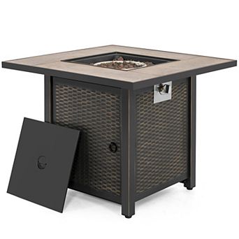 30'' Outdoor Propane Gas Fire Pit Table with Lid and Lava Rocks, Black with Gold-Painted Edge