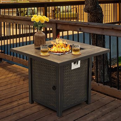 30'' Outdoor Propane Gas Fire Pit Table with Lid and Lava Rocks, Black with Gold-Painted Edge