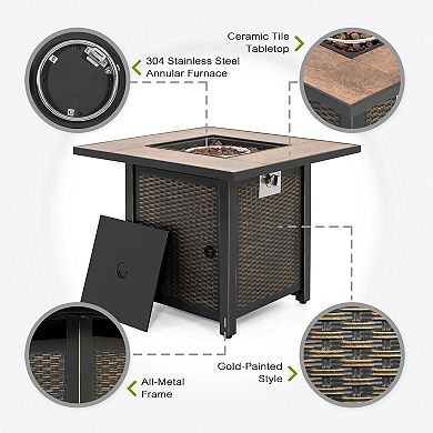 30'' Outdoor Propane Gas Fire Pit Table with Lid and Lava Rocks, Black with Gold-Painted Edge
