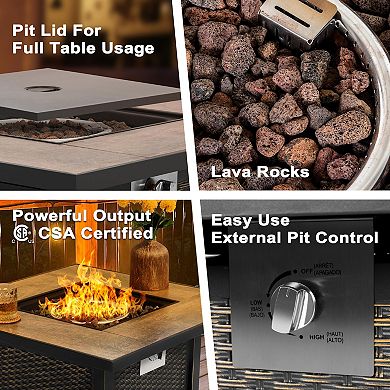 30'' Outdoor Propane Gas Fire Pit Table with Lid and Lava Rocks, Black with Gold-Painted Edge