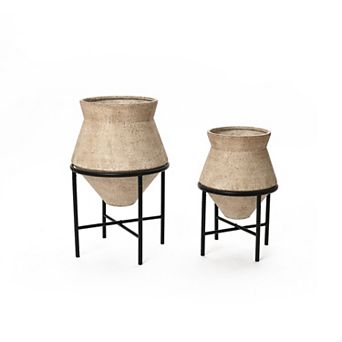 LuxenHome 2 pc Rustic Brick Red Cachepot Planter Cauldron Set with Black Stands