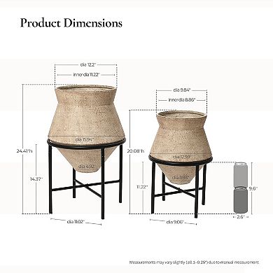 LuxenHome 2-Piece Rustic Brick Red Cachepot Planter Cauldron Set with Black Stands