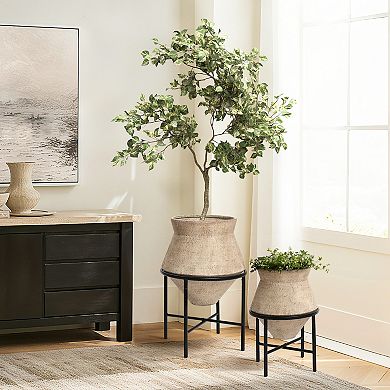 LuxenHome 2-Piece Rustic Brick Red Cachepot Planter Cauldron Set with Black Stands