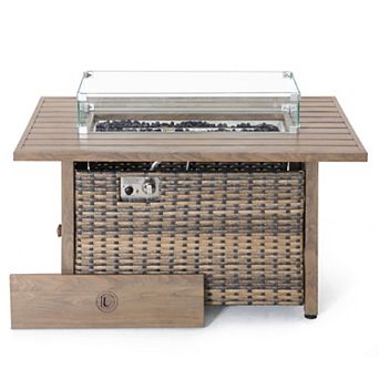 43'' 50,000 BTU Rattan Outdoor Fire Pit Table with Lid, Glass Beads and Wind Guard, Brown