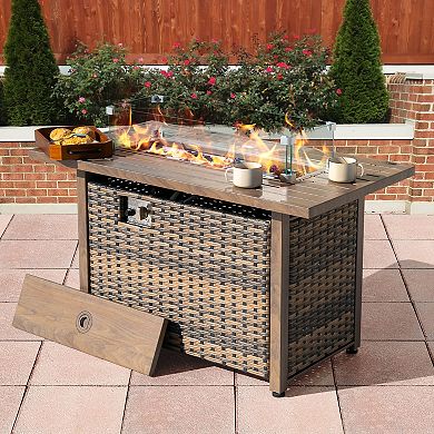 43'' 50,000 BTU Rattan Outdoor Fire Pit Table with Lid, Glass Beads and Wind Guard, Brown