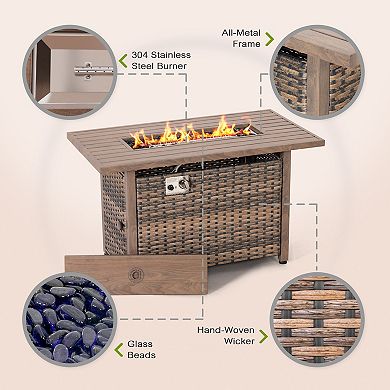 43'' 50,000 BTU Rattan Outdoor Fire Pit Table with Lid, Glass Beads and Wind Guard, Brown