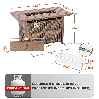 43'' 50,000 BTU Rattan Outdoor Fire Pit Table with Lid, Glass Beads and Wind Guard, Brown