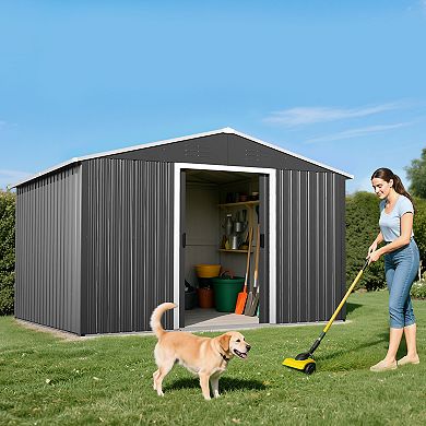 8 x 10 FT Metal Outdoor Backyard Garden Shed Storage Tool Shed with Sliding Doors, Dark Gray