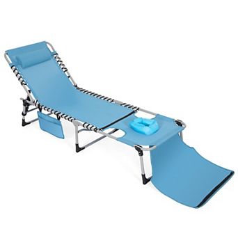 Outdoor Adjustable Textilene Lounge Chair Folding Tanning Chair with Pillow, Blue