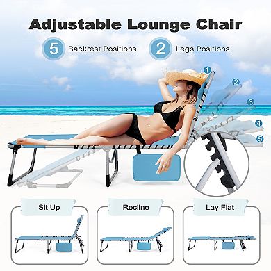 Outdoor Adjustable Textilene Lounge Chair Folding Tanning Chair with Pillow, Blue