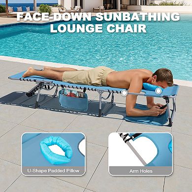 Outdoor Adjustable Textilene Lounge Chair Folding Tanning Chair with Pillow, Blue