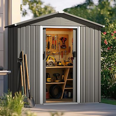 6 x 4 FT Metal Outdoor Backyard Garden Shed Storage Tool Shed with Sliding Doors, Gray